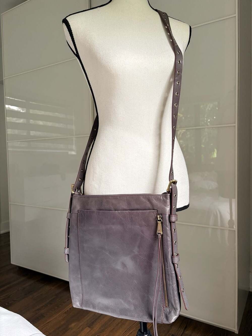 HOBO Treaty Gray Metallic Leather Crossbody Bag with Studded Strap